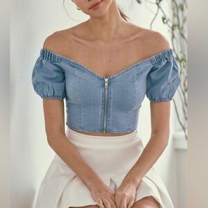 Blue Denim Off-Shoulder Crop Top